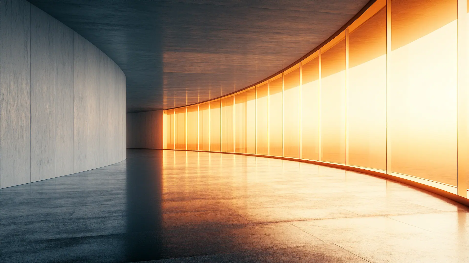 Architectural render of an empty curved corridor whose outer wall is a run of tall translucent panels lit from behind by a low sun.