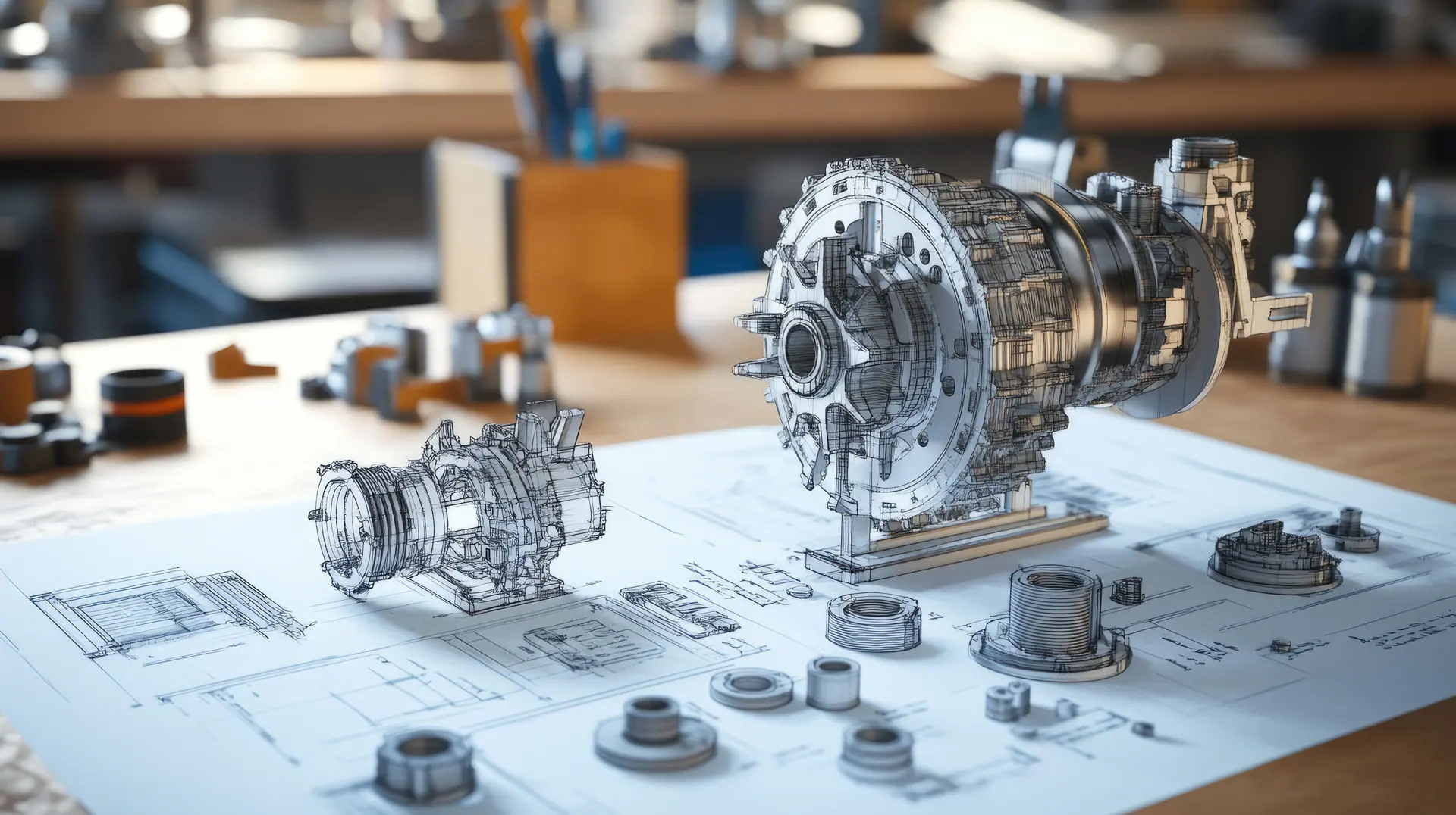 Concept render of an exploded drive-unit assembly standing on engineering drawings on a workbench.
