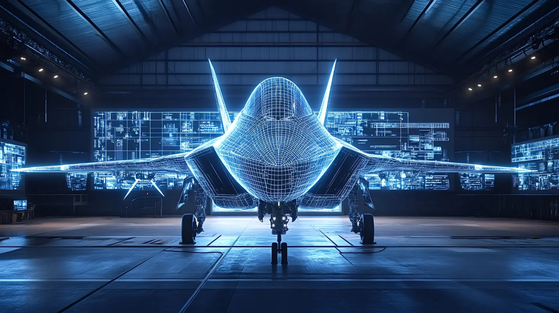 Concept render of an aircraft drawn as a glowing white surface mesh inside a dark hangar.